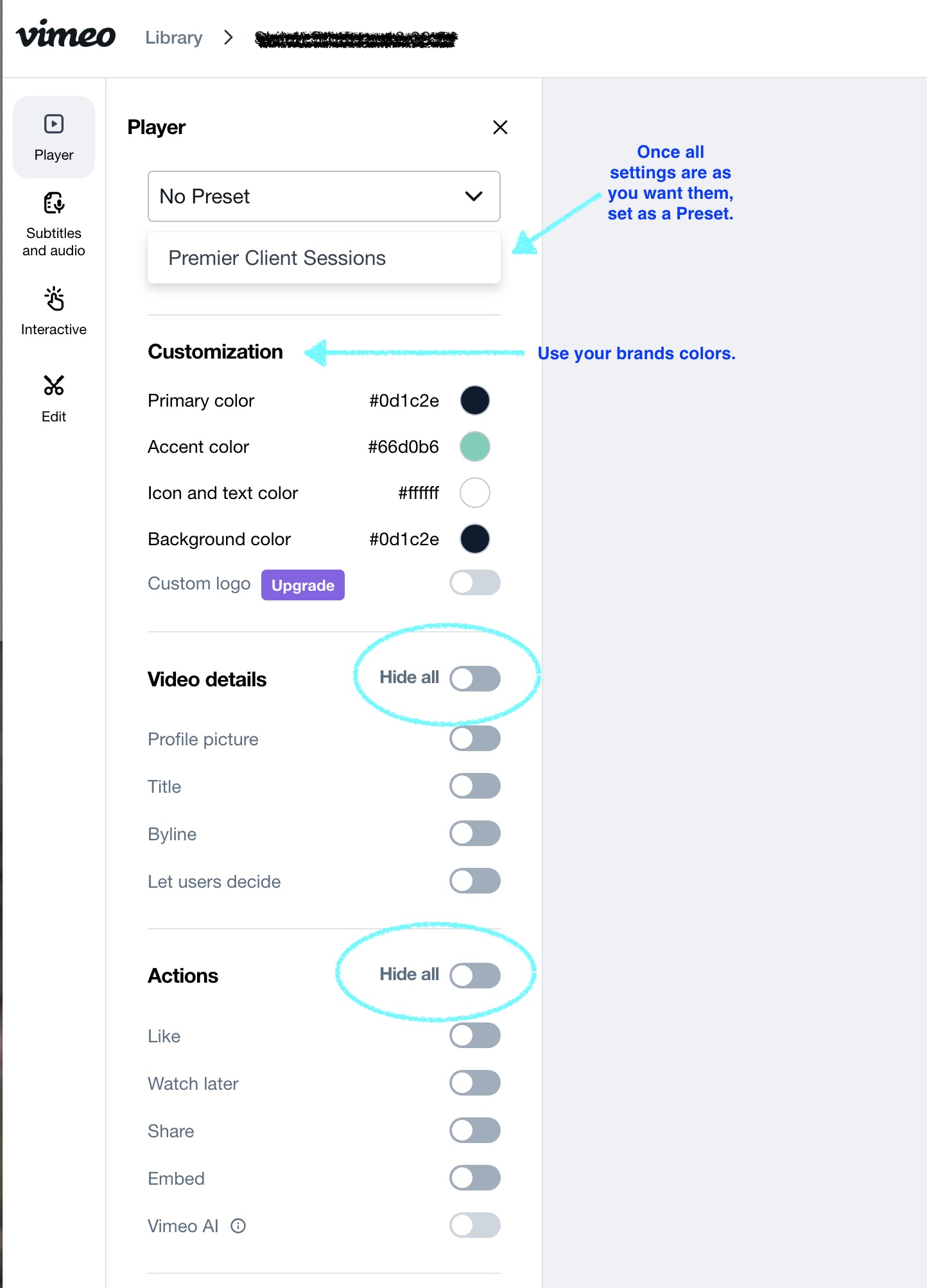 Player settings for all videos