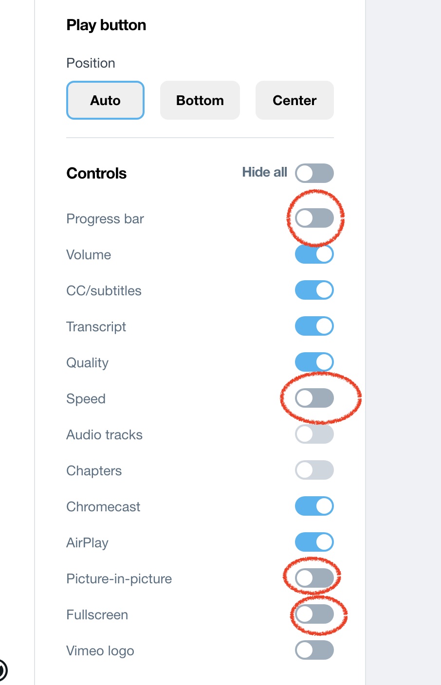 Player settings for all videos